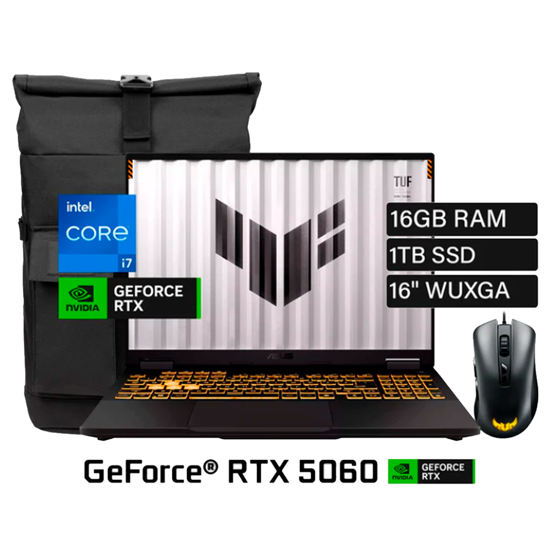 LAPTOP ASUS TUF F16, CORE i7 14650HX 16GB DDR5 512GB NVMe 4.0  RTX5060 8GB 16FHD  MOCHILA+MOUSE
